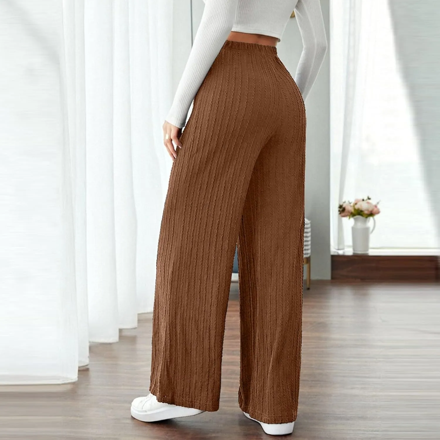 Gumipy Womens Ribbed Knit Wide Leg Pants Elastic Waist Lounge Pants Loose Fit Comfy Palazzo Pants Trendy Trouser Yoga Pants