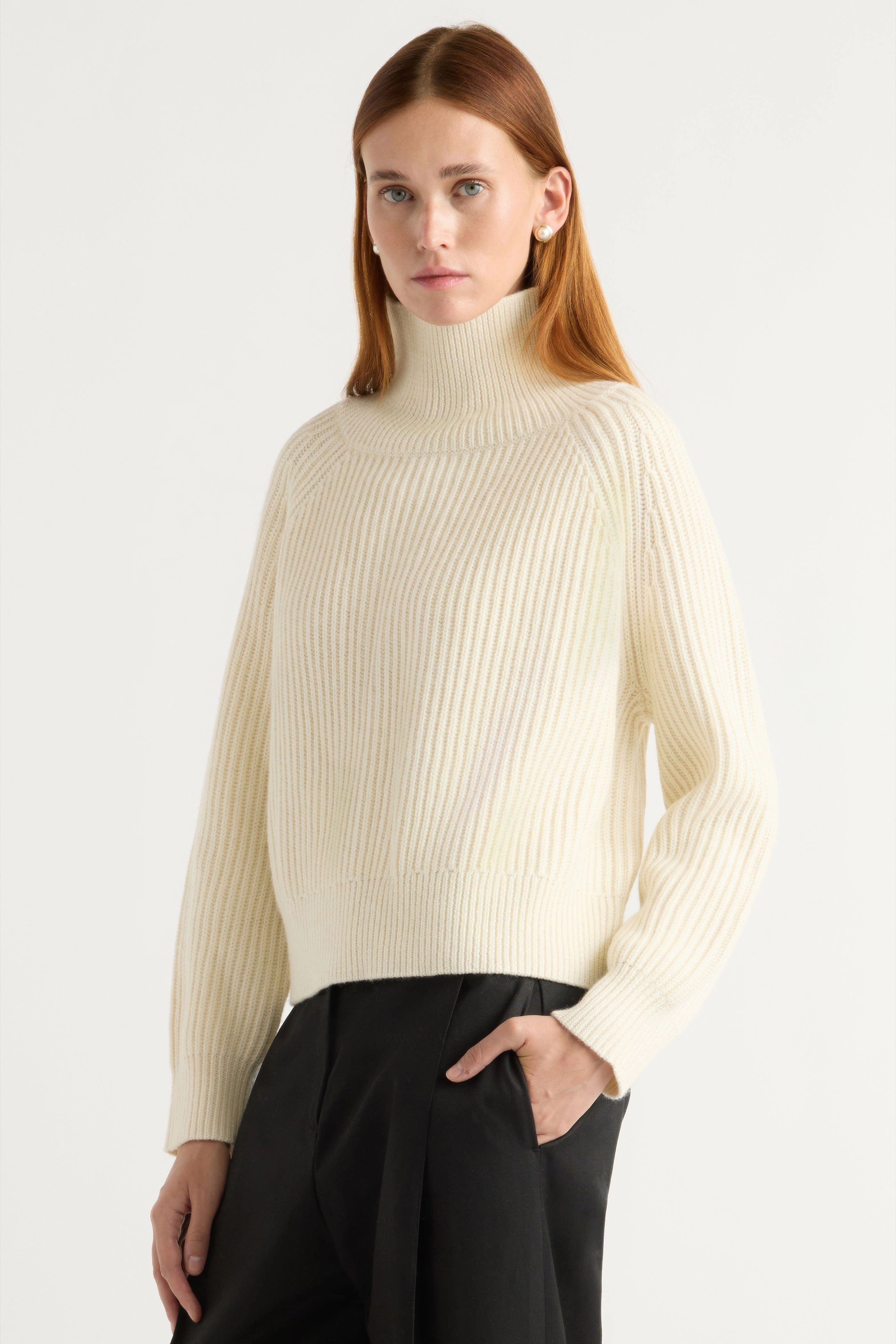 Ribbed Hem Slim Design Fit Hadeel Organic Cotton-Wool Mock-Neck Sweater