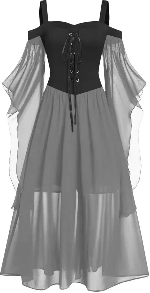Halloween Costume Dresses for Women Plus Size Cold Shoulder Butterfly Sleeve Gothic Party Dress 2024
