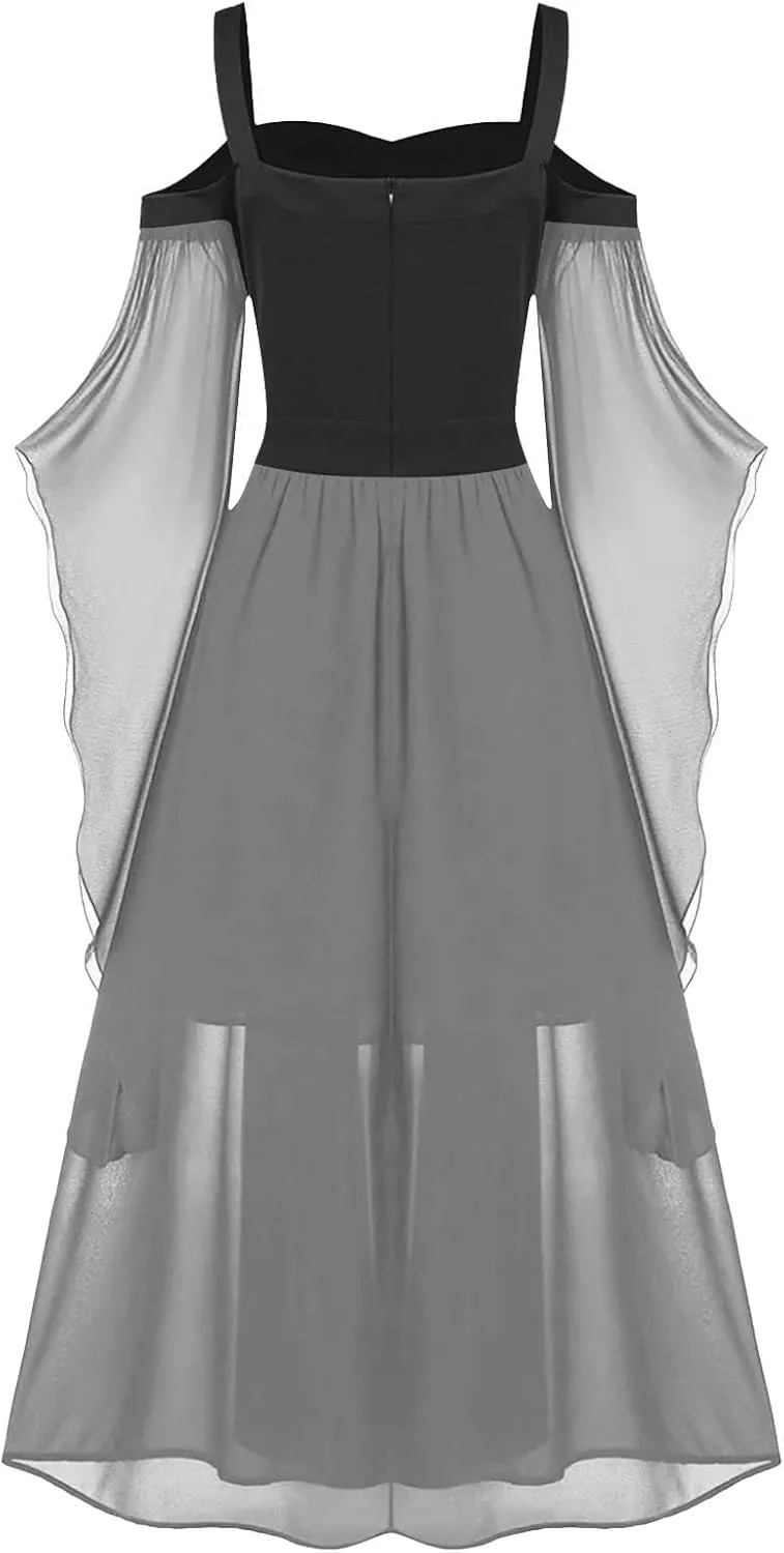 Halloween Costume Dresses for Women Plus Size Cold Shoulder Butterfly Sleeve Gothic Party Dress 2024
