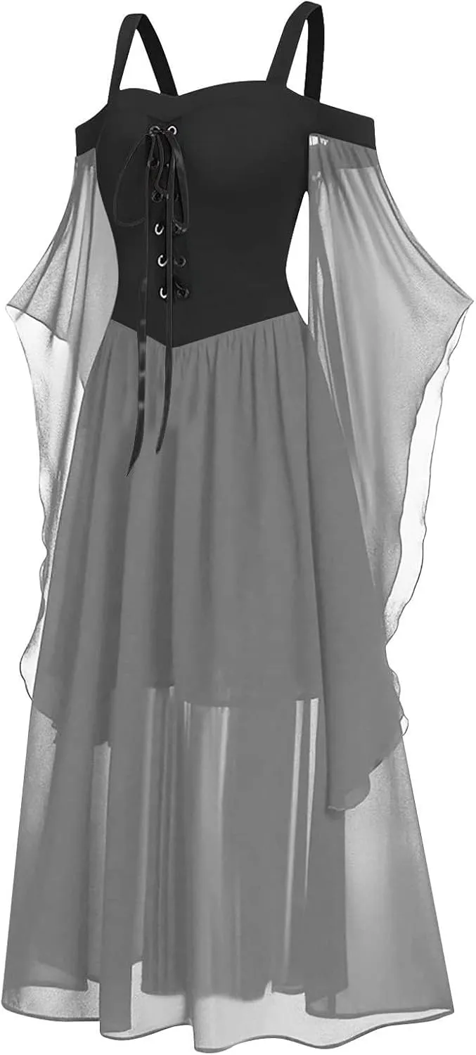 Halloween Costume Dresses for Women Plus Size Cold Shoulder Butterfly Sleeve Gothic Party Dress 2024