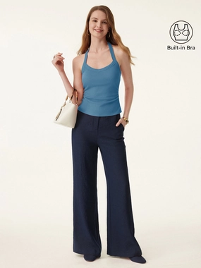 Halter Neck Side Ruched Ribbed Brami Tank AdjustableDrawstring MultiPocket Design