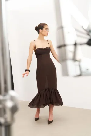 Chiffon Ruffle Ruched Bust Midi Dress - Carob Comfortable Layer