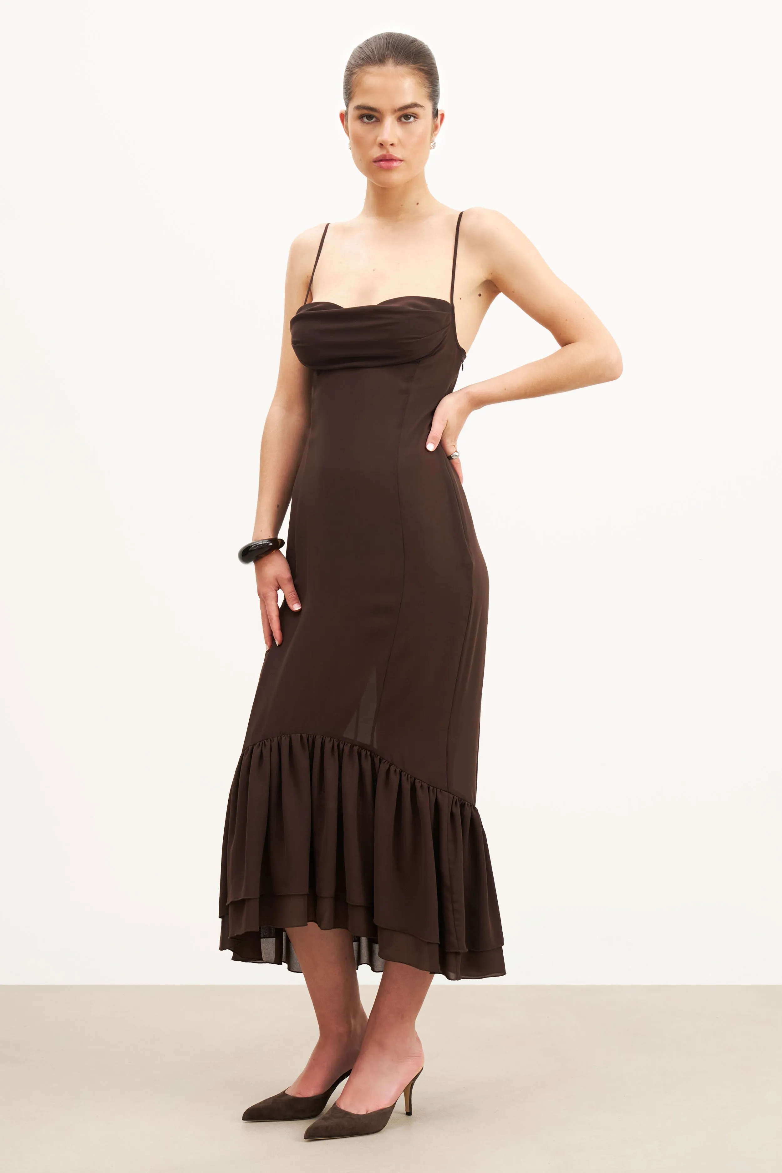 Chiffon Ruffle Ruched Bust Midi Dress - Carob Shiny surface Smart Fabric