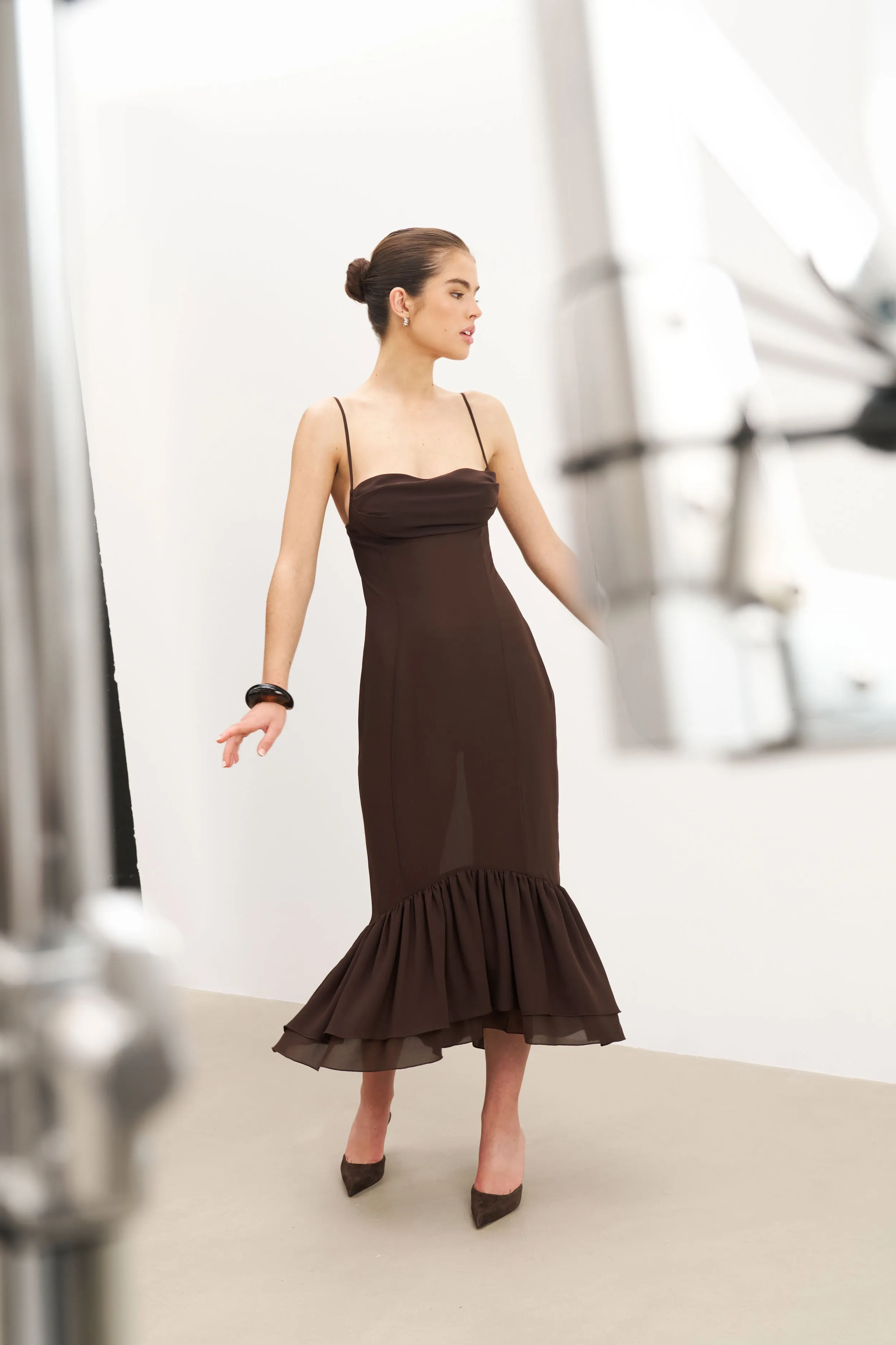 Chiffon Ruffle Ruched Bust Midi Dress - Carob Comfortable Layer
