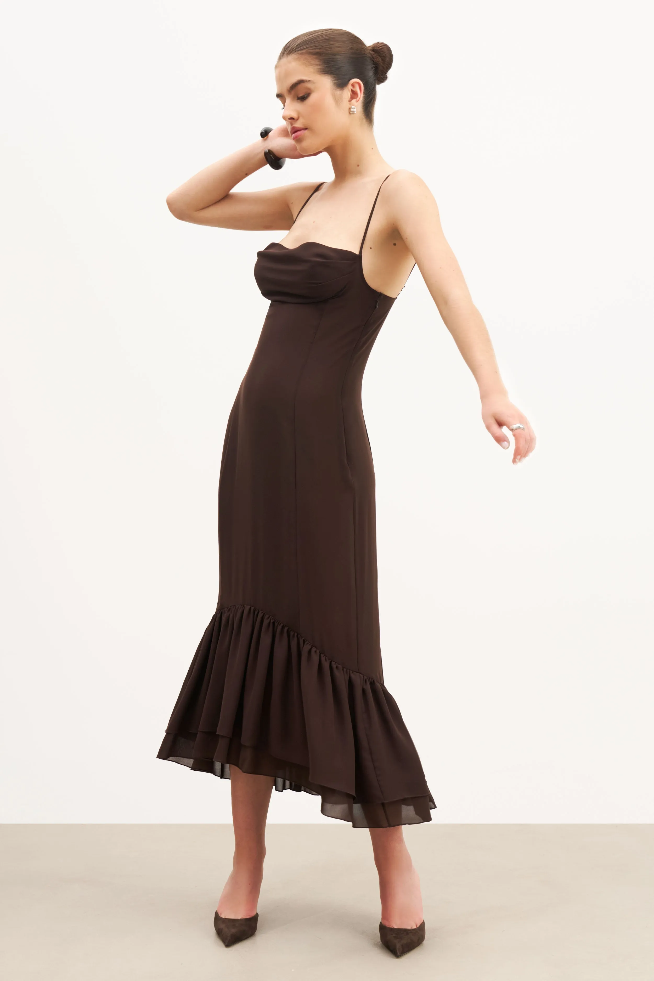 Chiffon Ruffle Ruched Bust Midi Dress - Carob Open-back