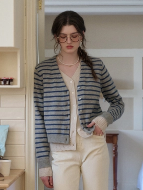 Ribbed Structure Recycled Fiber Frankie V-Neck Stripe Wool Cardigan