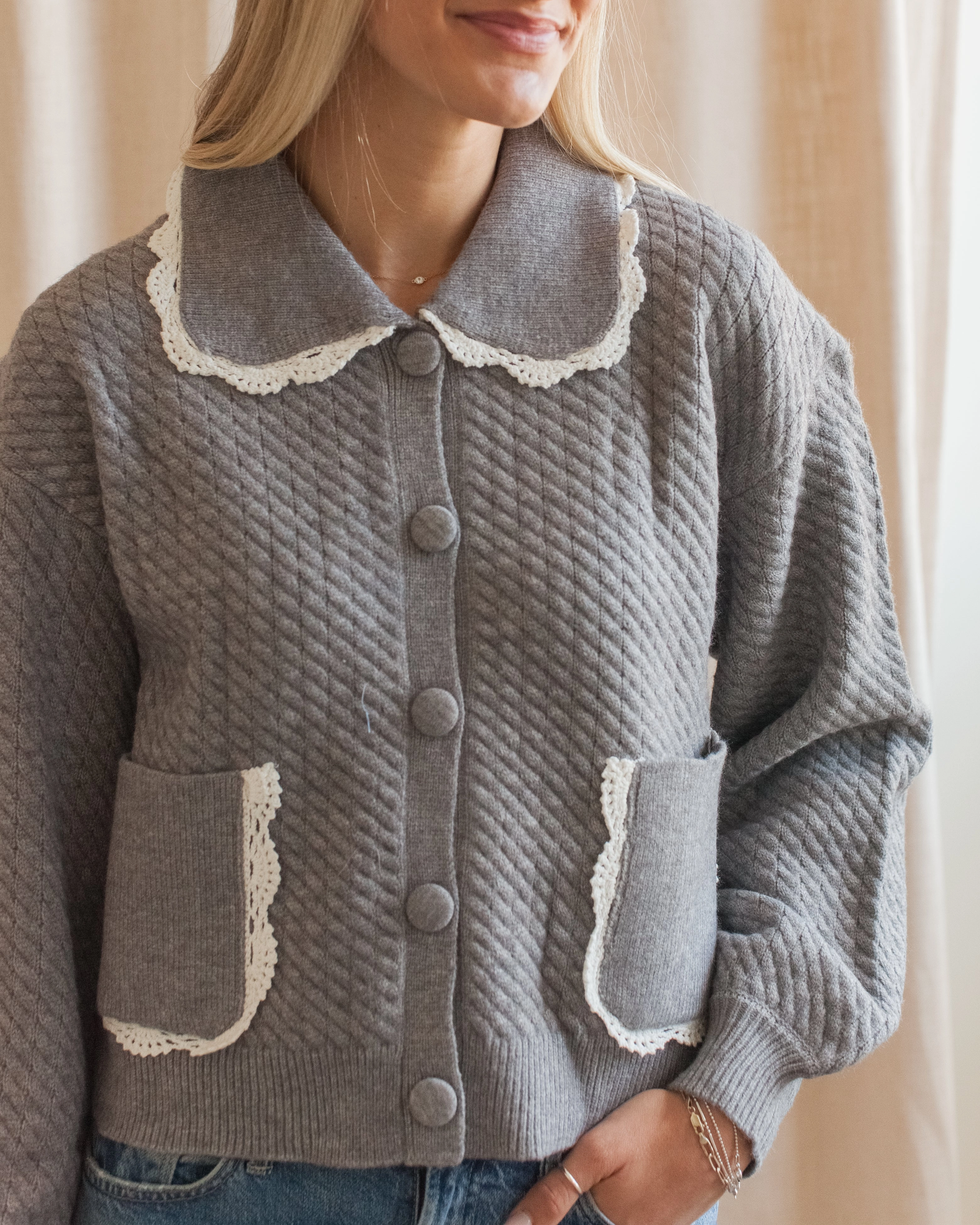Classic Shape Recycled Polyester Blend Nina Ribbed Cardigan - Grey