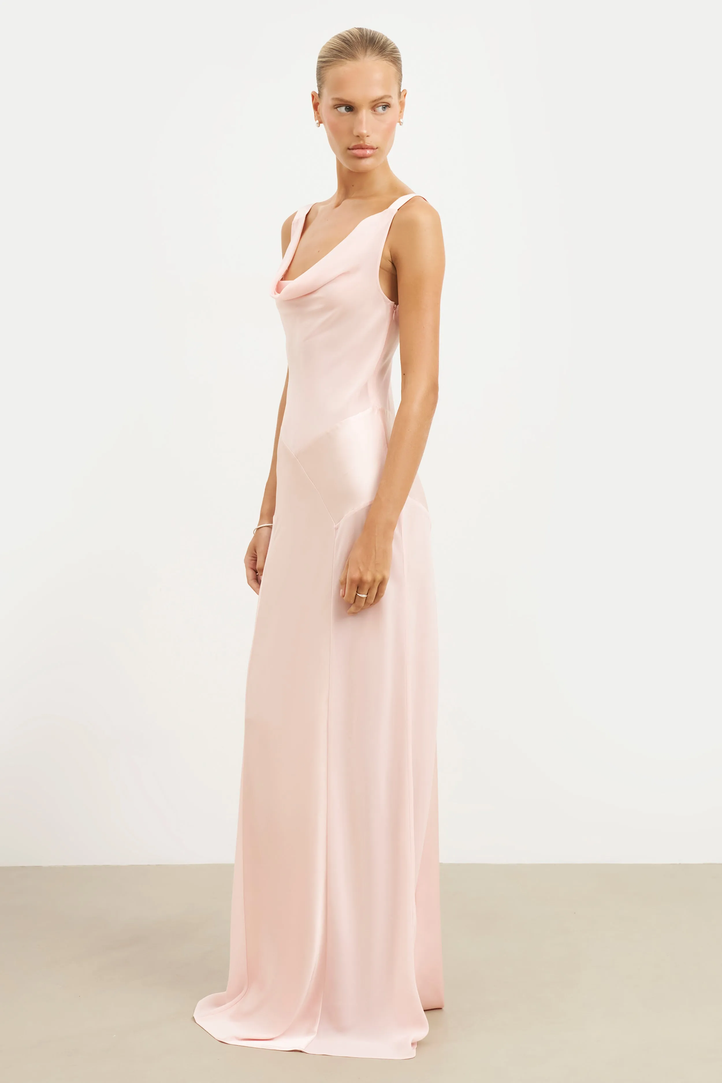 Cowl Neck Satin Panel Gown - Blush Relaxed Mood Off-Shoulder