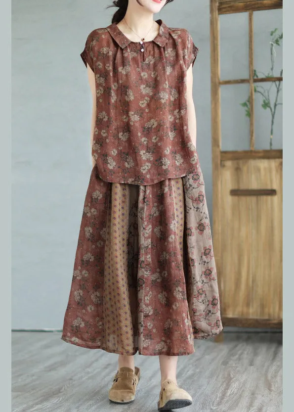 Handmade Peter Pan Collar Print Linen Shirts And Maxi Skirts Two Pieces Set Summer LY2961
