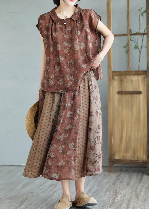 Handmade Peter Pan Collar Print Linen Shirts And Maxi Skirts Two Pieces Set Summer LY2961