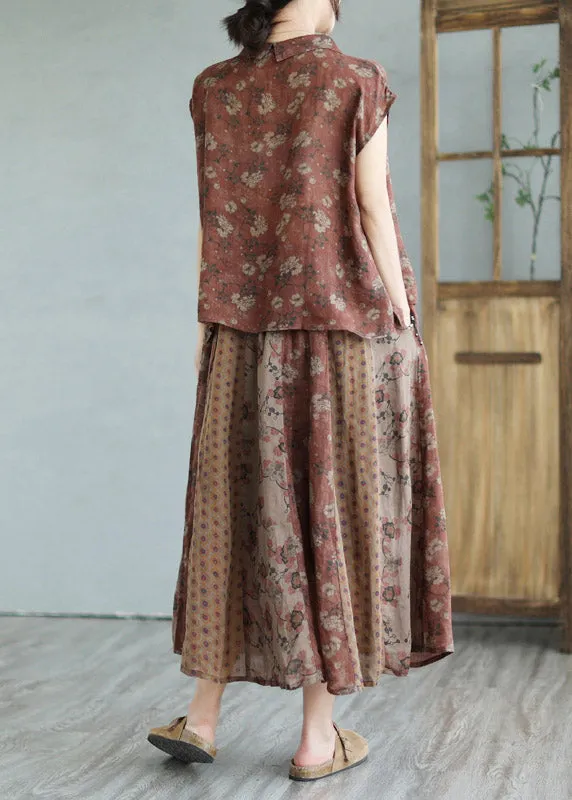 Handmade Peter Pan Collar Print Linen Shirts And Maxi Skirts Two Pieces Set Summer LY2961
