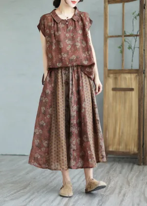 Handmade Peter Pan Collar Print Linen Shirts And Maxi Skirts Two Pieces Set Summer LY2961