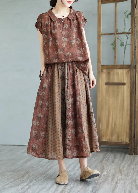 Handmade Peter Pan Collar Print Linen Shirts And Maxi Skirts Two Pieces Set Summer LY2961