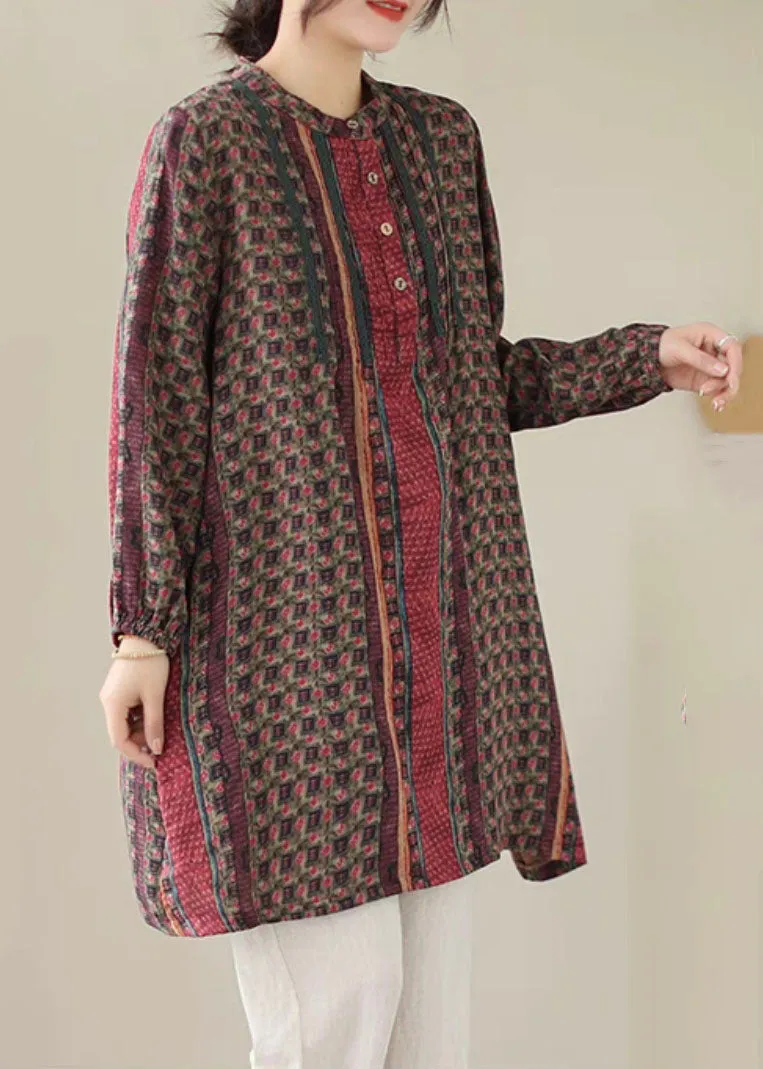 Handmade Red Wrinkled Print Cotton Mid Shirts Dress Spring LY5662