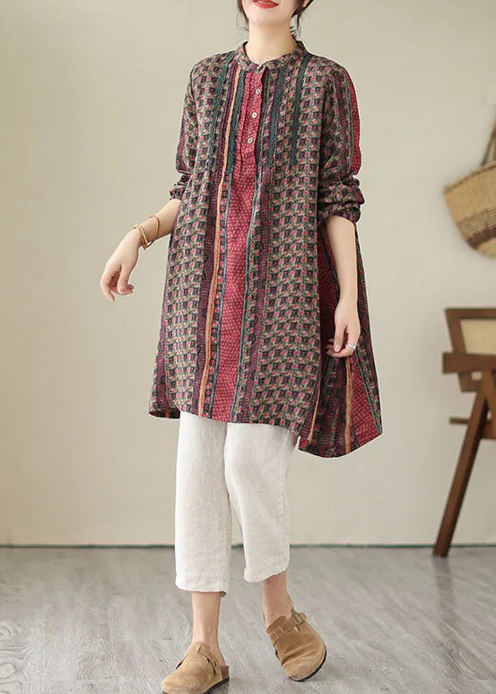 Handmade Red Wrinkled Print Cotton Mid Shirts Dress Spring LY5662