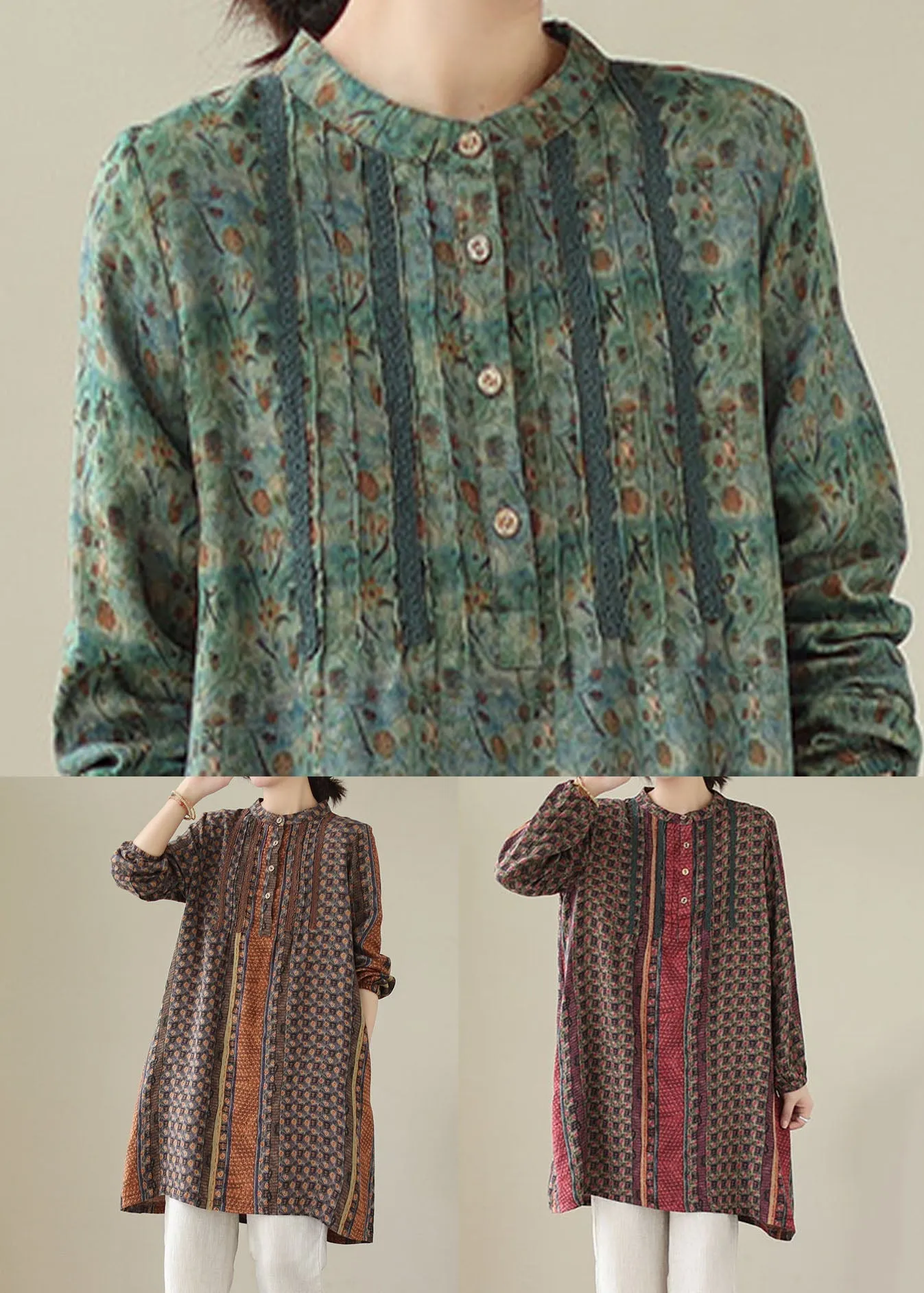 Handmade Red Wrinkled Print Cotton Mid Shirts Dress Spring LY5662