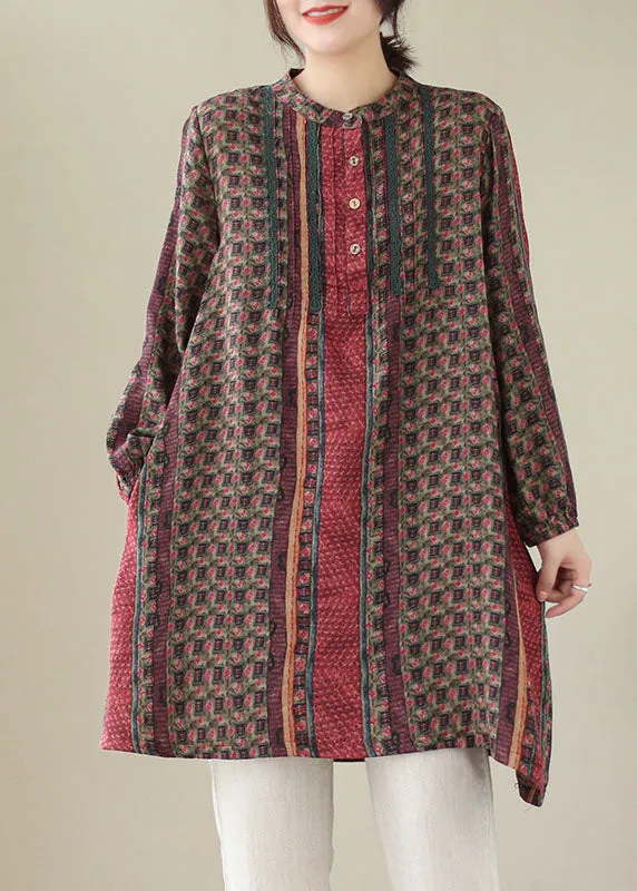 Handmade Red Wrinkled Print Cotton Mid Shirts Dress Spring LY5662