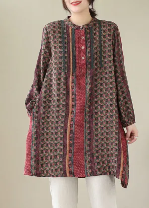 Handmade Red Wrinkled Print Cotton Mid Shirts Dress Spring LY5662