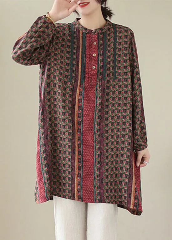 Handmade Red Wrinkled Print Cotton Mid Shirts Dress Spring LY5662