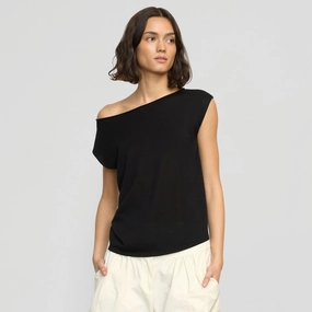 QuickDry Performance Ribbed Trim Hanna Off-Shoulder Tencel-Wool Top