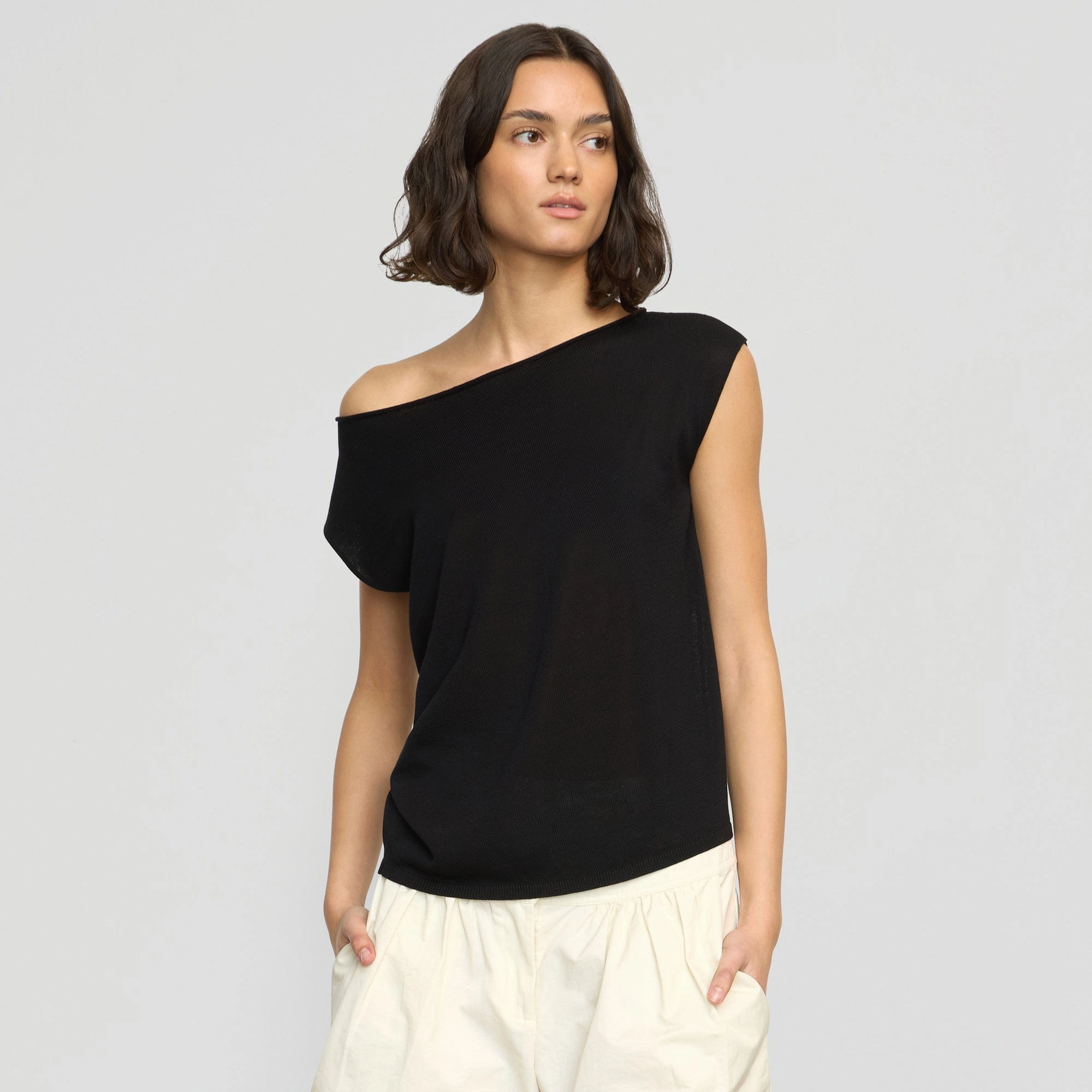 QuickDry Performance Ribbed Trim Hanna Off-Shoulder Tencel-Wool Top