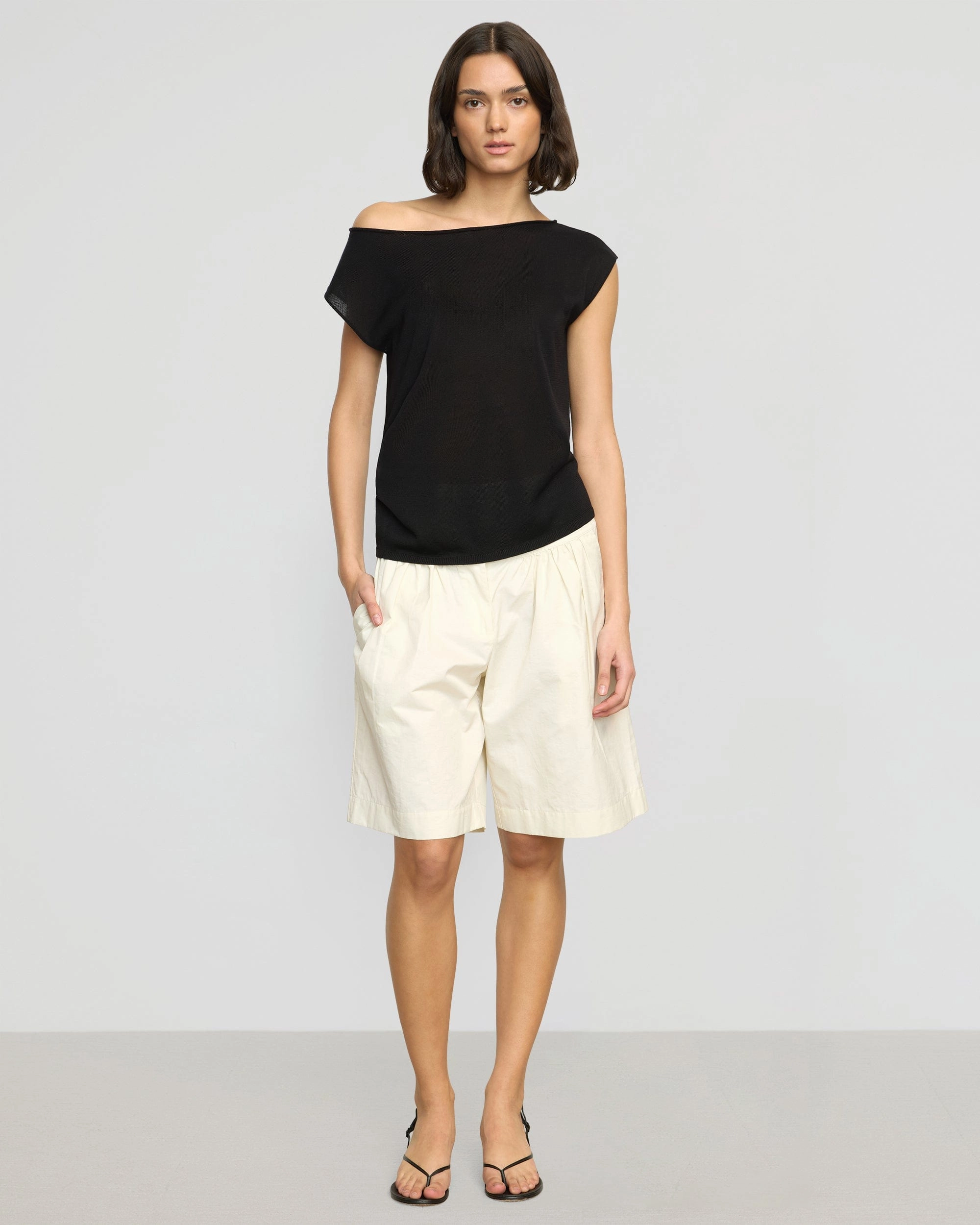 Hanna Off-Shoulder Tencel-Wool Top Double Needle Stitching