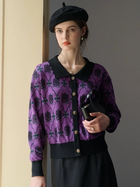 Sleek Surface StretchWeave Fabric Hannah Floral Pattern Contrast Trim Cardigan-Purple