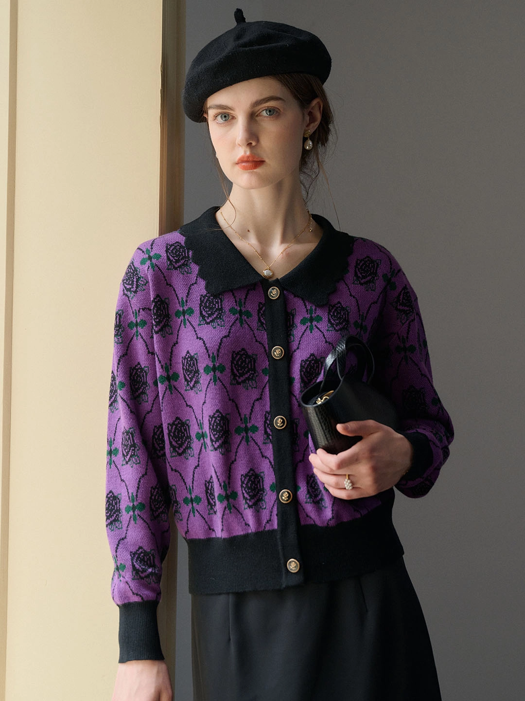 Warm Essentials Hannah Floral Pattern Contrast Trim Cardigan-Purple