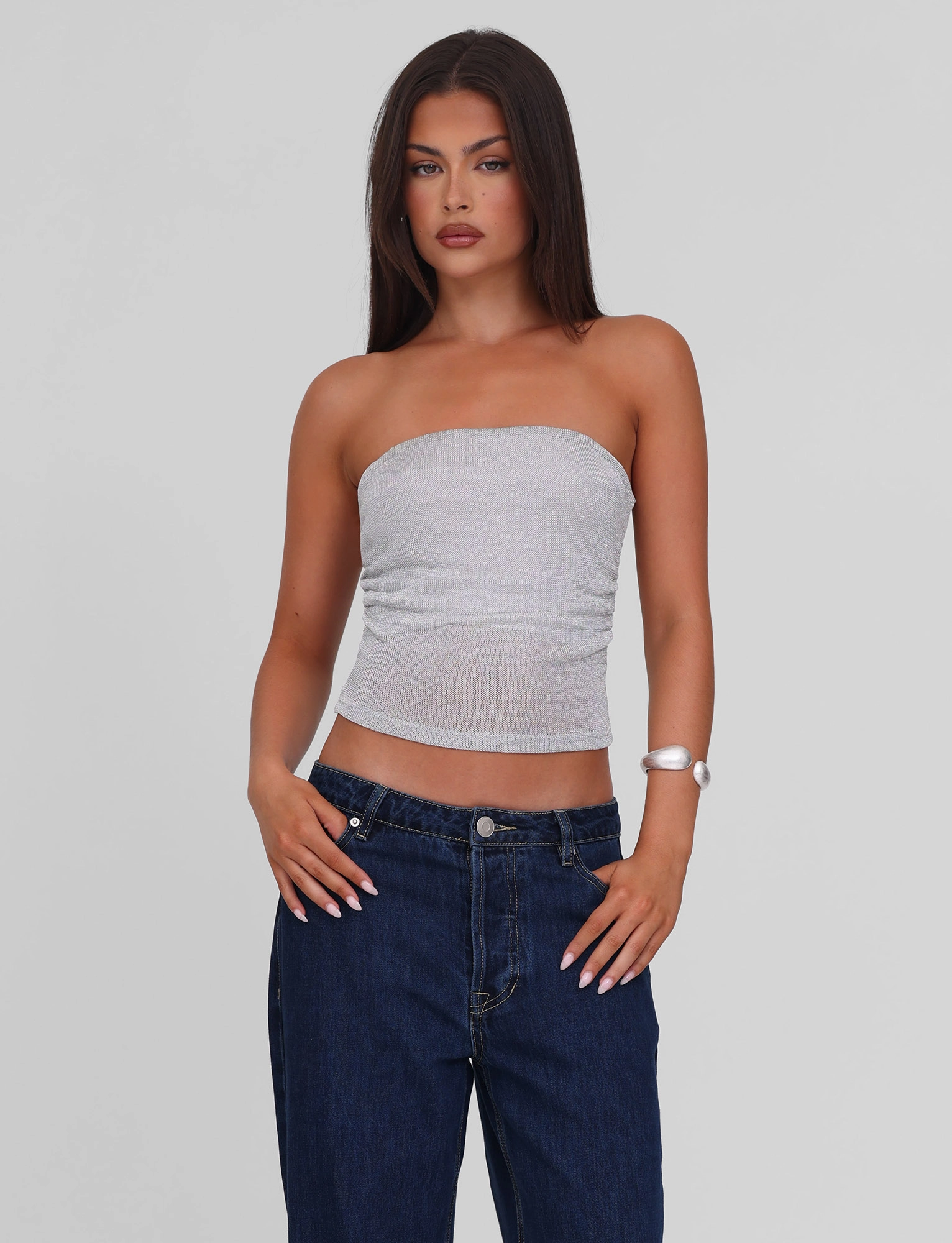 Anti Static Treatment Smooth Seam Transition HARRIETT TUBE TOP - SILVER