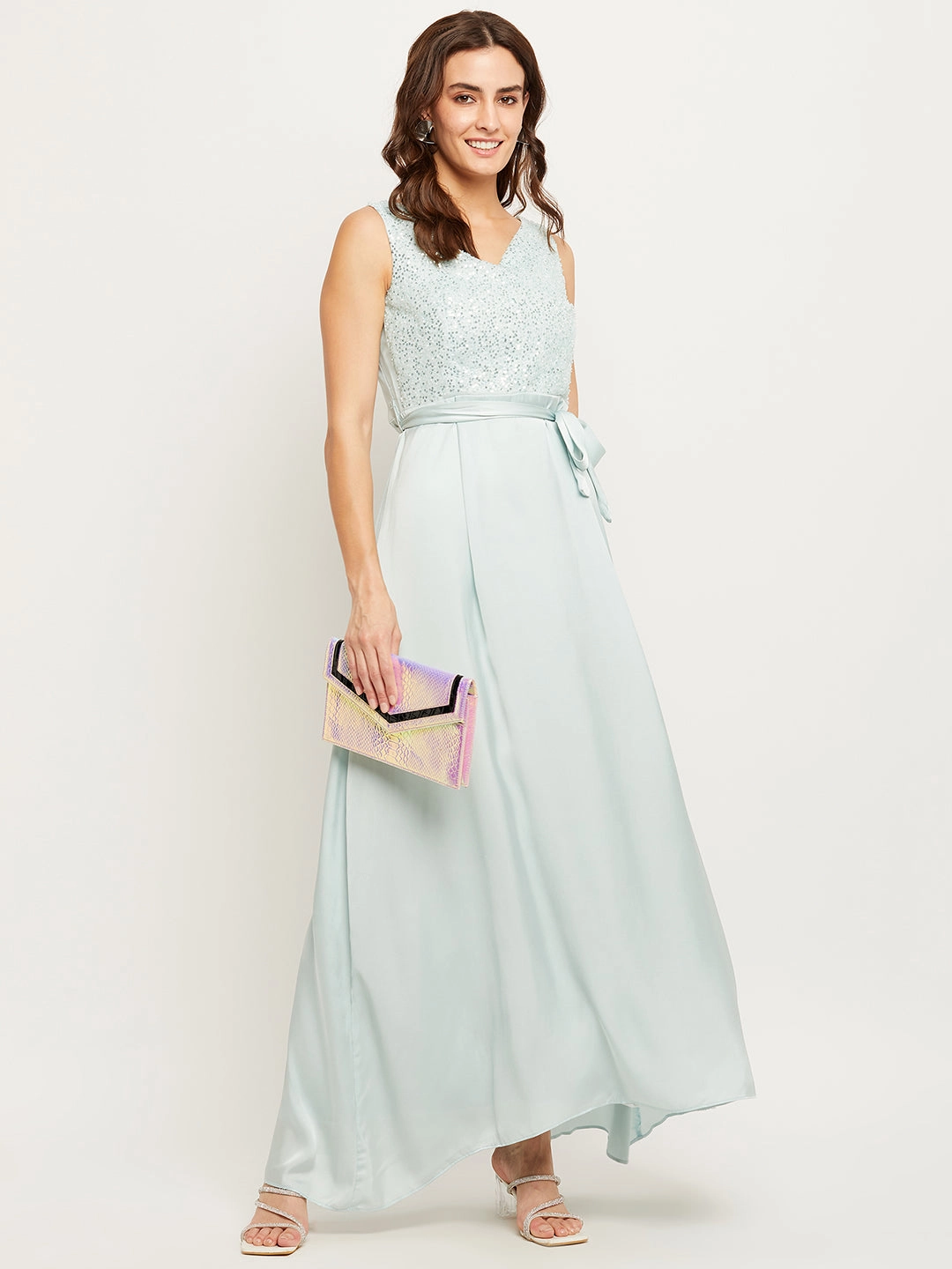 All-season garment V Neckline Madame Blue Embellished Tie-Waist Fit-Flare Dress