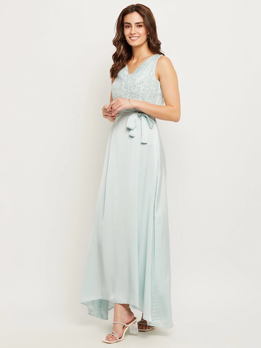 Madame Blue Embellished Tie-Waist Fit-Flare Dress Resort Ready Easy Drape