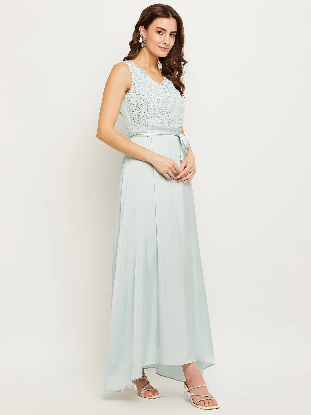 Dreamy Silhouette Madame Blue Embellished Tie-Waist Fit-Flare Dress