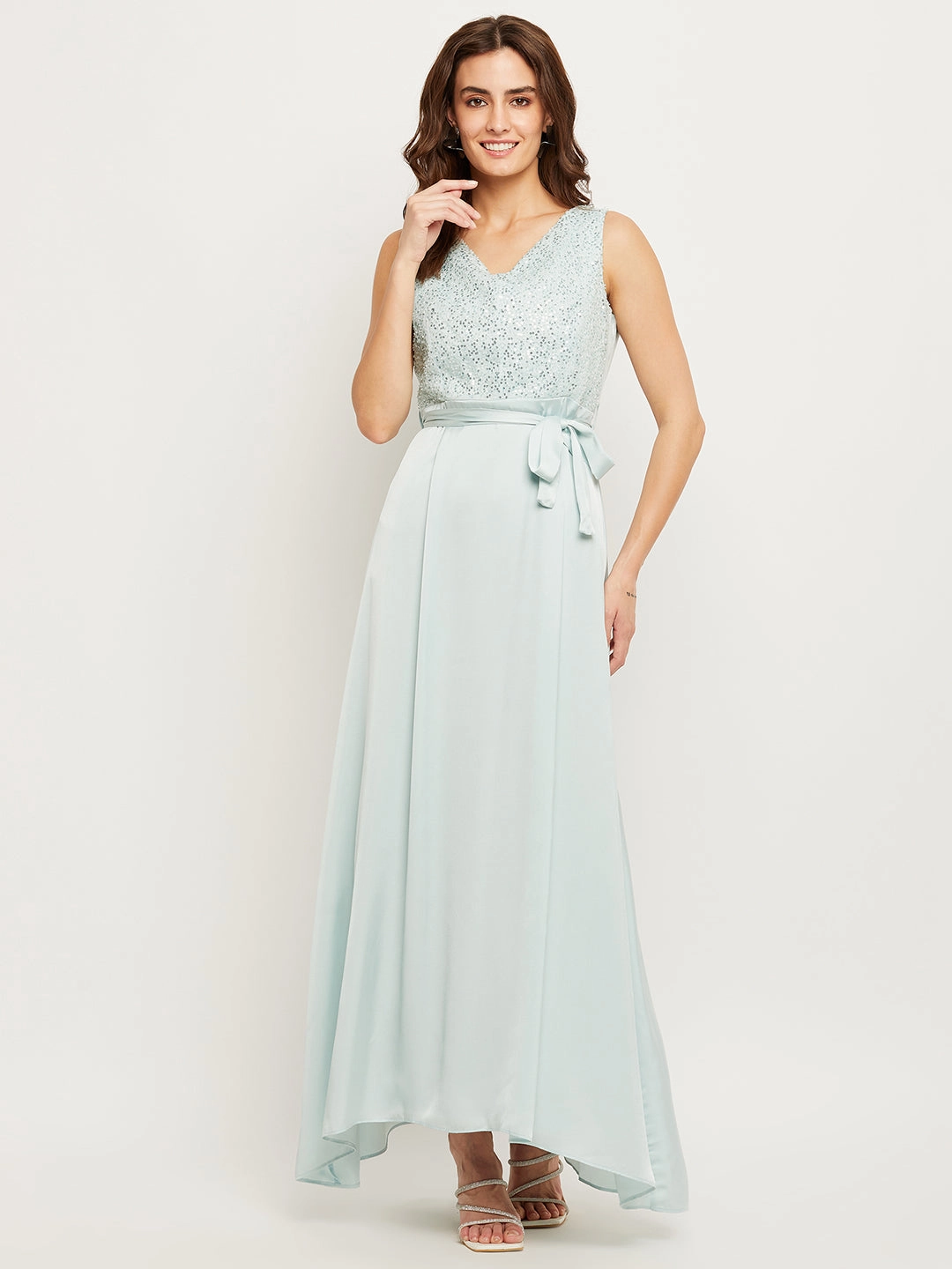 Subtle tone Easy Pick Madame Blue Embellished Tie-Waist Fit-Flare Dress