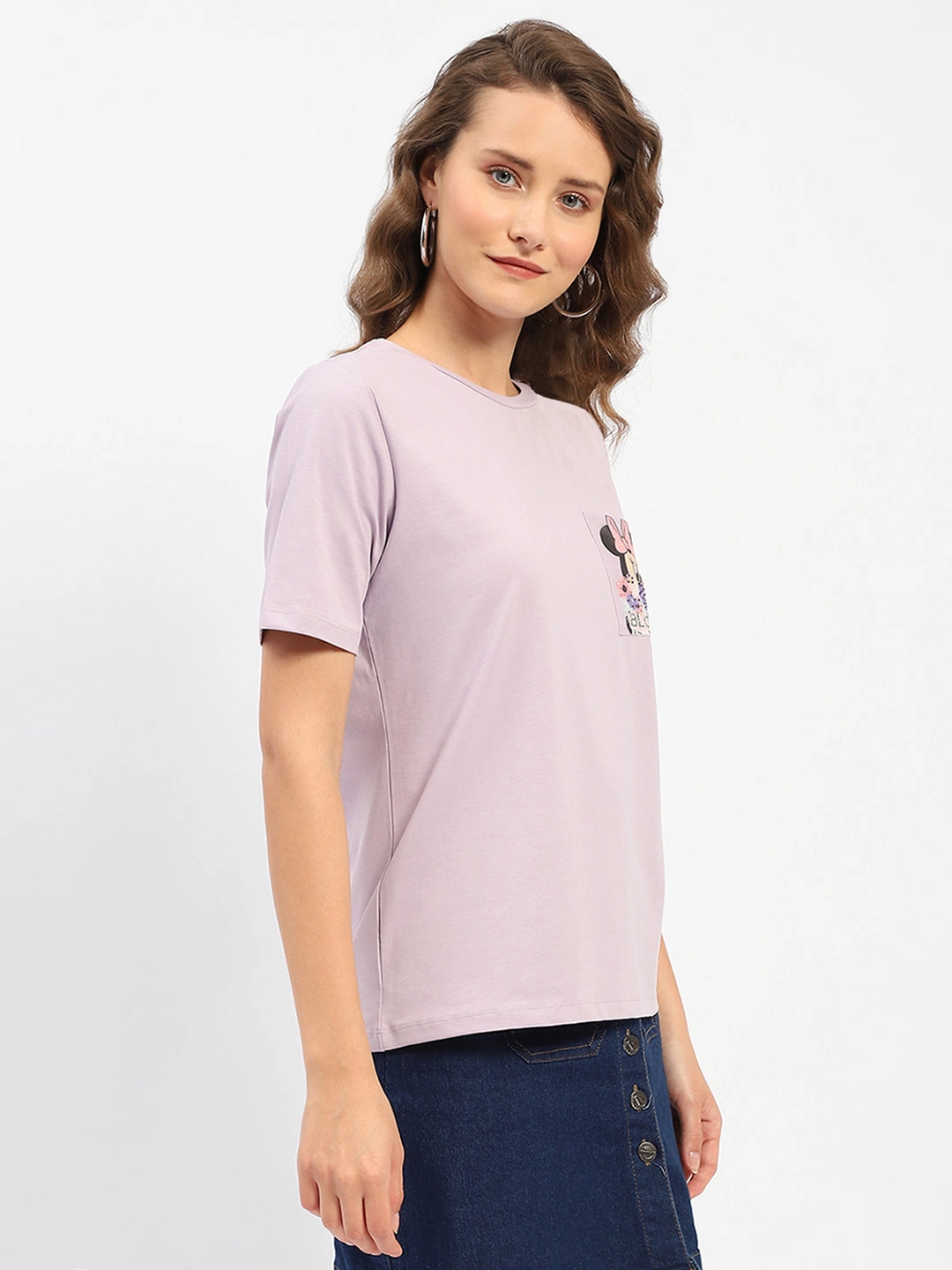 Madame Disney Mickey Mouse Printed Regular Mauve T-Shirt Microfiber texture