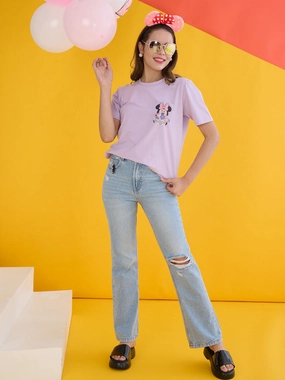 Stretchable Armholes Layered Collar Madame Disney Mickey Mouse Printed Regular Mauve T-Shirt