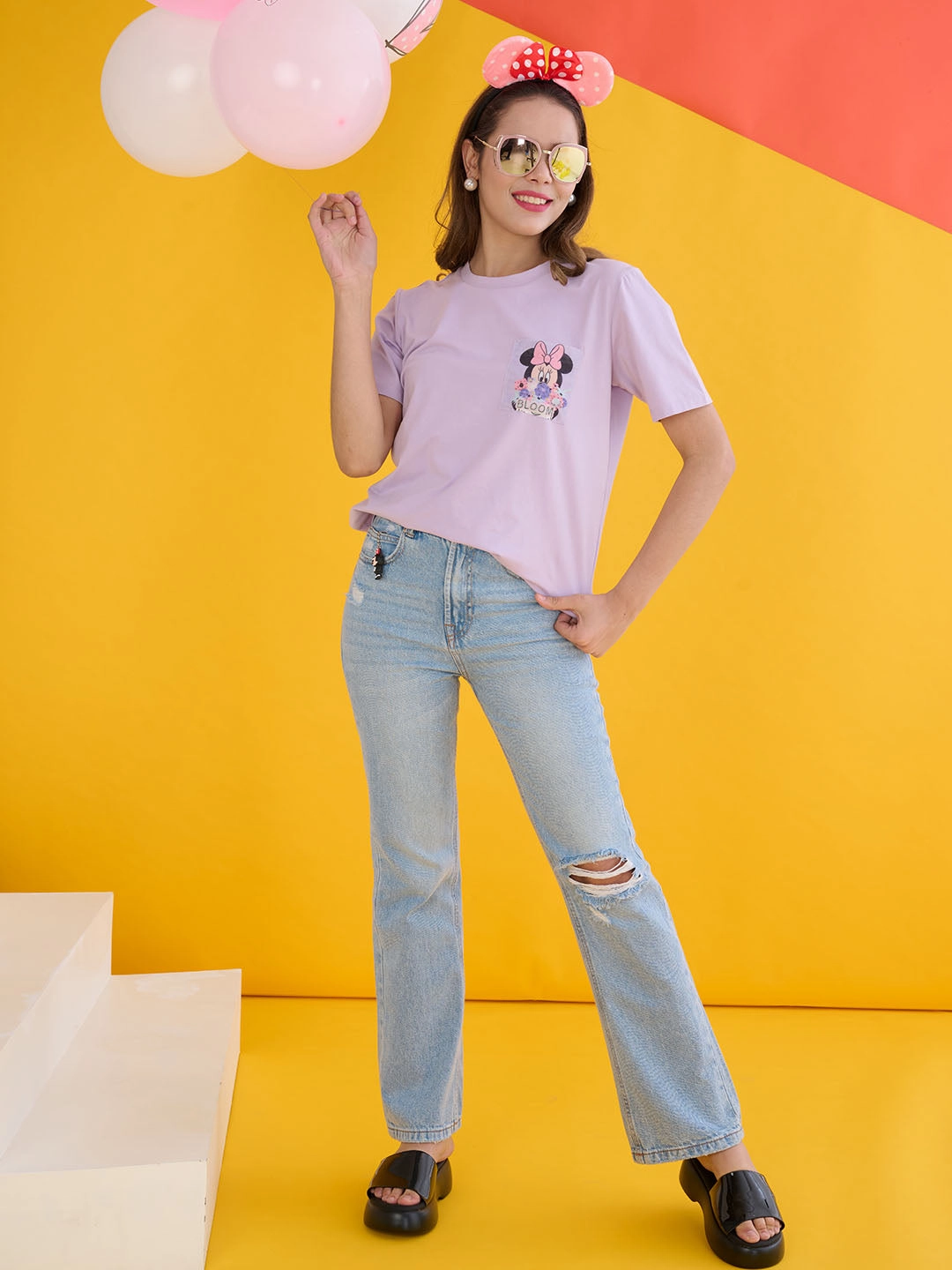 Stretchable Armholes Layered Collar Madame Disney Mickey Mouse Printed Regular Mauve T-Shirt