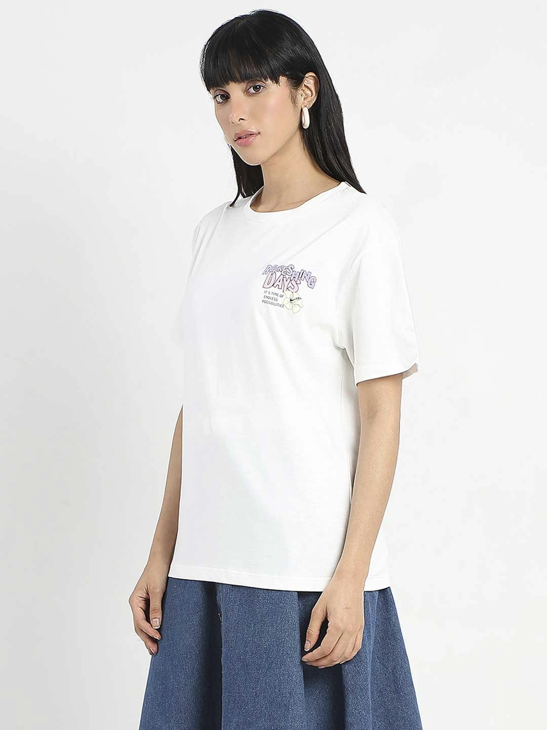 Active Outfit Self Fabric Tape Madame Graphic Printed Round Neck White Sinker T-Shirt
