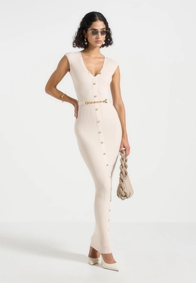 Helene - Knitted Midaxi Dress with Belt - Beige Soft Layer Casual Comfort
