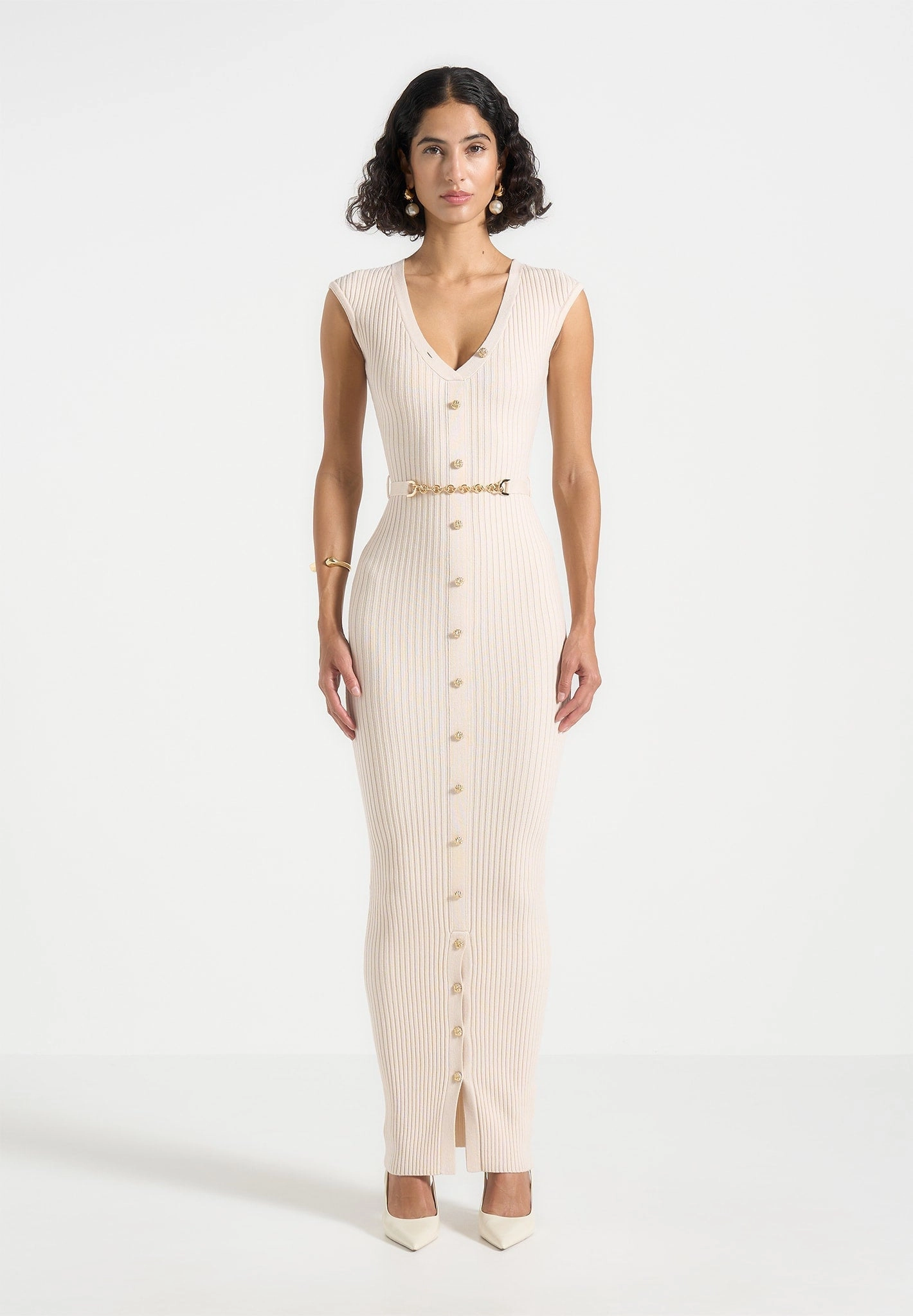 Helene - Knitted Midaxi Dress with Belt - Beige AntiSnag Surface MachineWashable Fabric