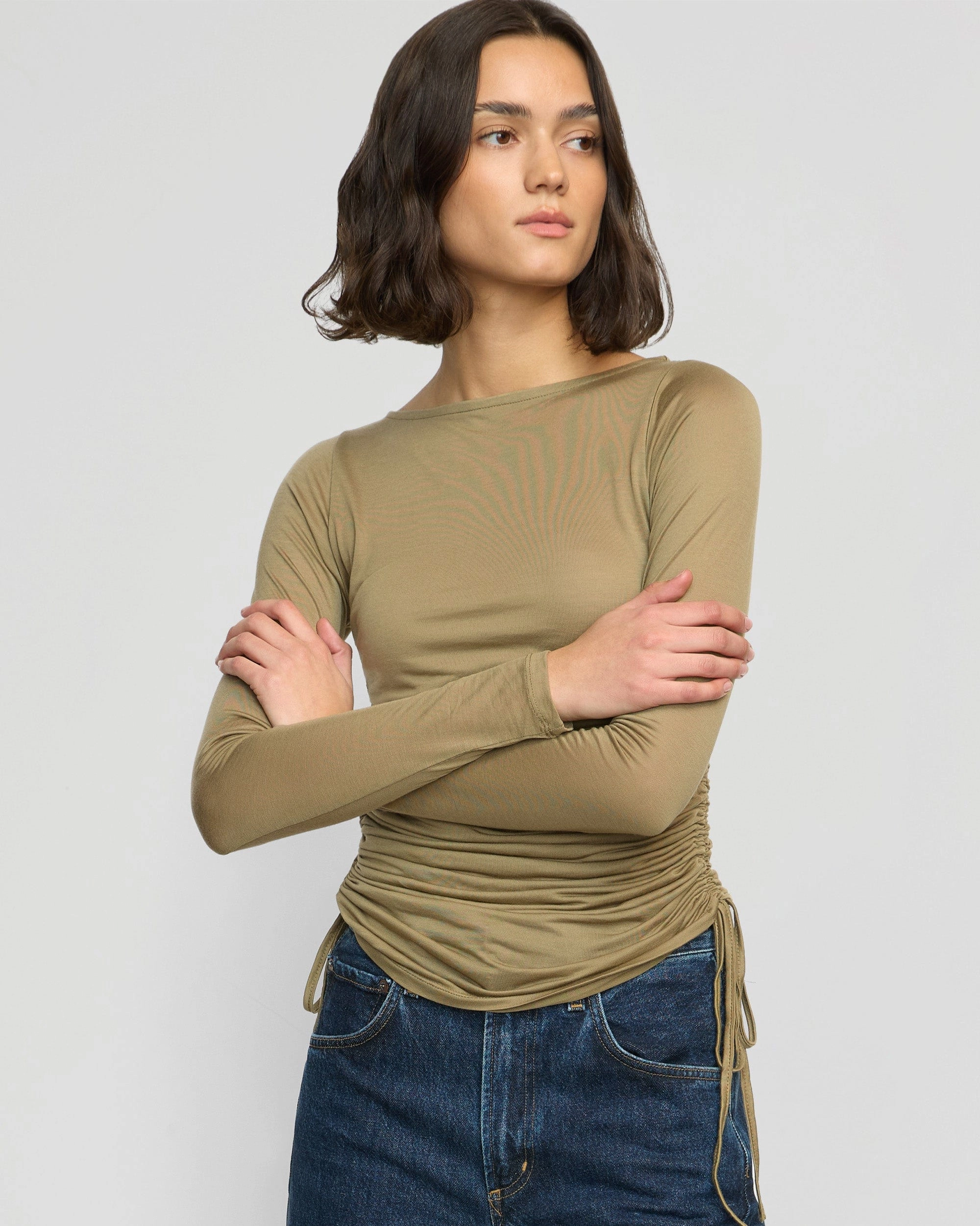 Button Down Collar Joan Tencel Ruched-Side Semi-Sheer Tee