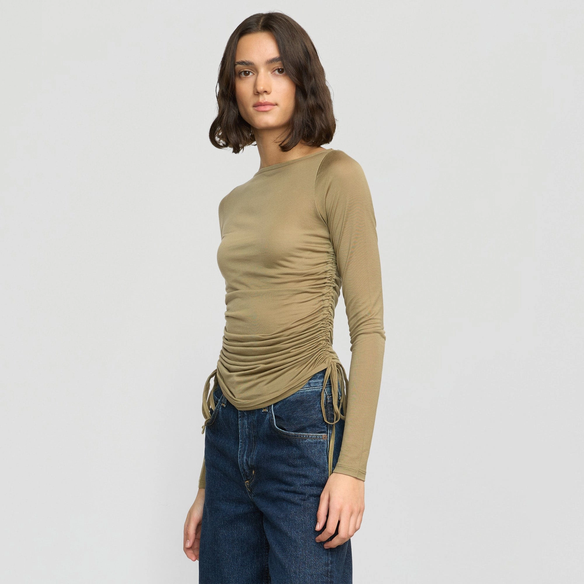Joan Tencel Ruched-Side Semi-Sheer Tee ErgonomicSleeves LowImpact Manufacturing