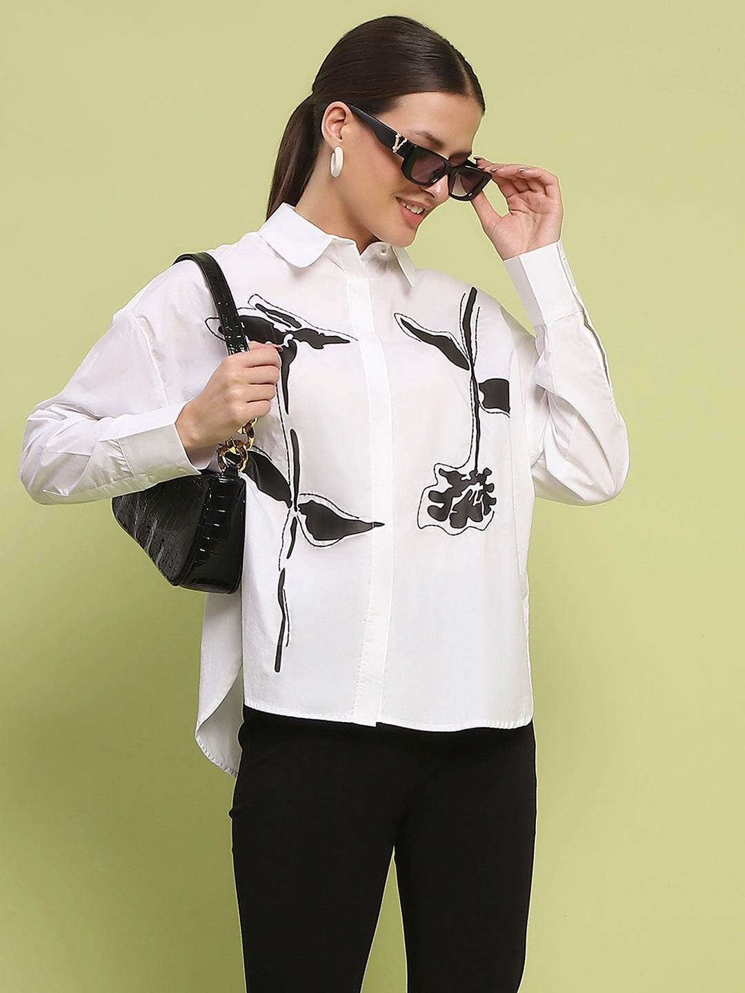 Madame Placement Printed White Cotton Shirt Relaxed Silhouette Checkered Print