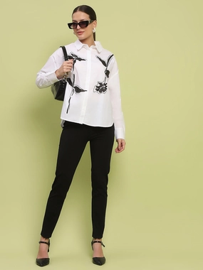 Neutral Shade Seasonal Fashion Madame Placement Printed White Cotton Shirt
