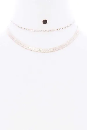 Herringbone Rhinestone Chain 2 Layered Necklace Earring Set