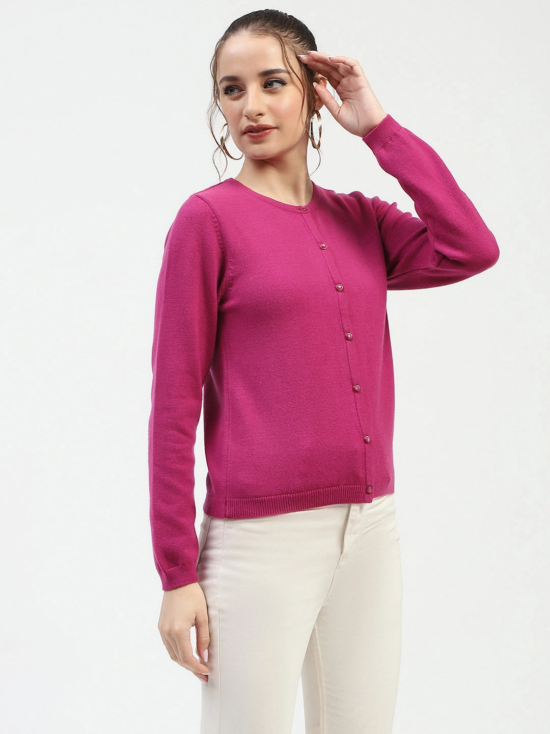 Ribbed Trims Classic Crew Neck Madame Magenta Button-Up Cardigan