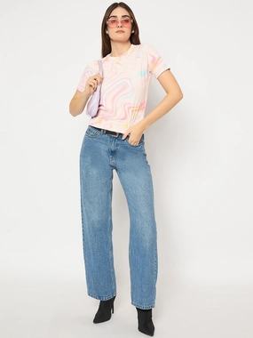 Madame Marble Print Crew Neck White Top Daily Wear MultiPanel Design