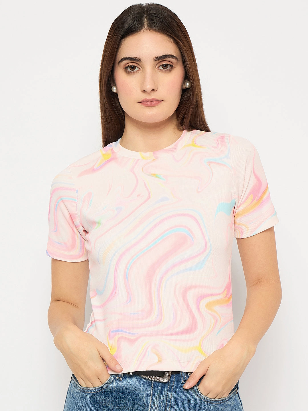 Convertible Collar Madame Marble Print Crew Neck White Top