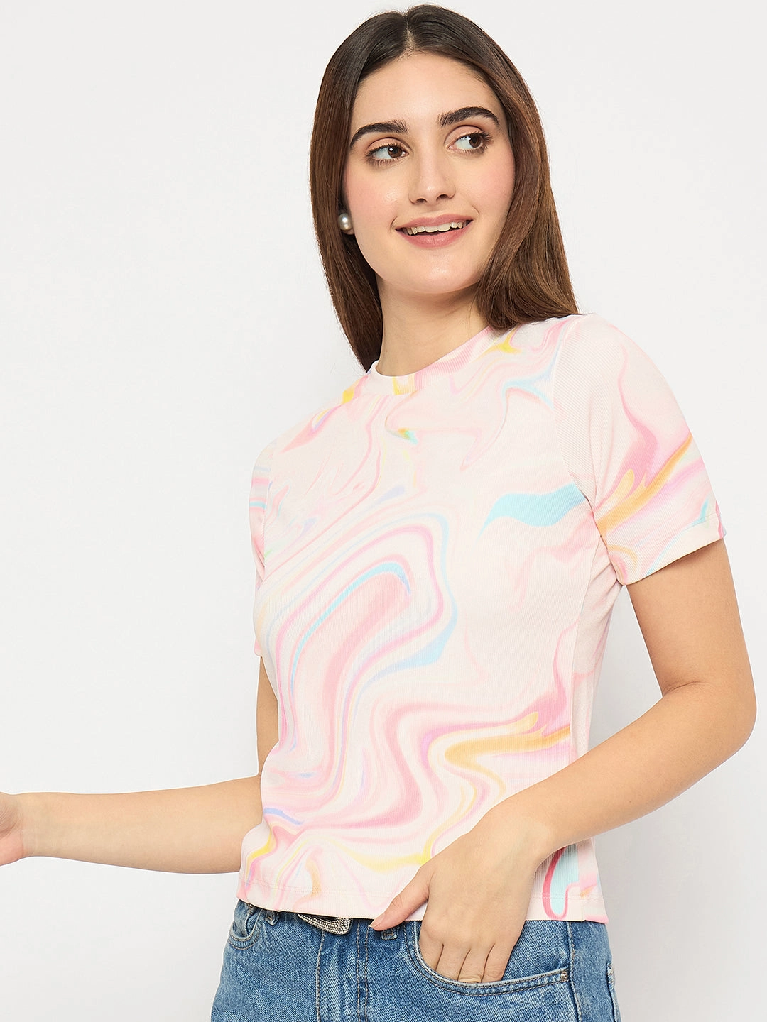 Chic Sweater Durable Double Stitching Madame Marble Print Crew Neck White Top