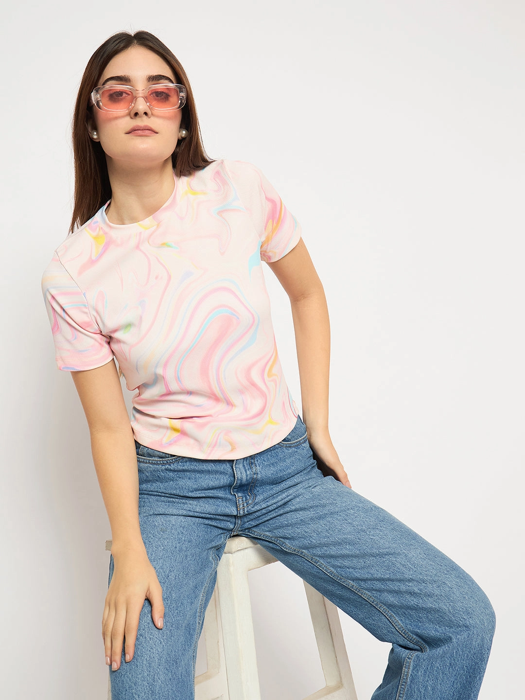 Ultraviolet Protection Fabric MoistureWicking Technology Madame Marble Print Crew Neck White Top